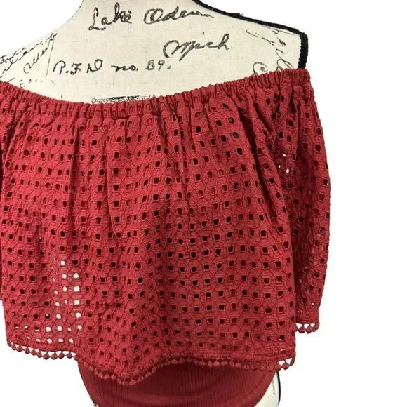 Anthropologie The Odells Off the Shoulder Eyelet Brick Color Blouse, Small - Picture 3 of 12